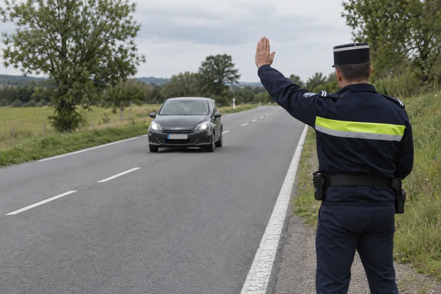 Un gendarme en uniforme, vu de dos, lève le bras pour faire arrêter une voiture qui arrive sur une route de campagne