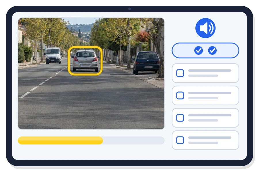 Maquette d’un écran de question : une photo de route où une voiture est entourée en jaune, une barre de temps jaune, un haut-parleur pour la voix off, la mention du nombre de réponses attendues et quatre propositions