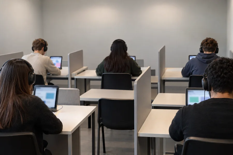 Salle d’examen du code : des candidats vus de dos, chacun devant une tablette avec un casque d’écoute, à des postes espacés par des cloisons
