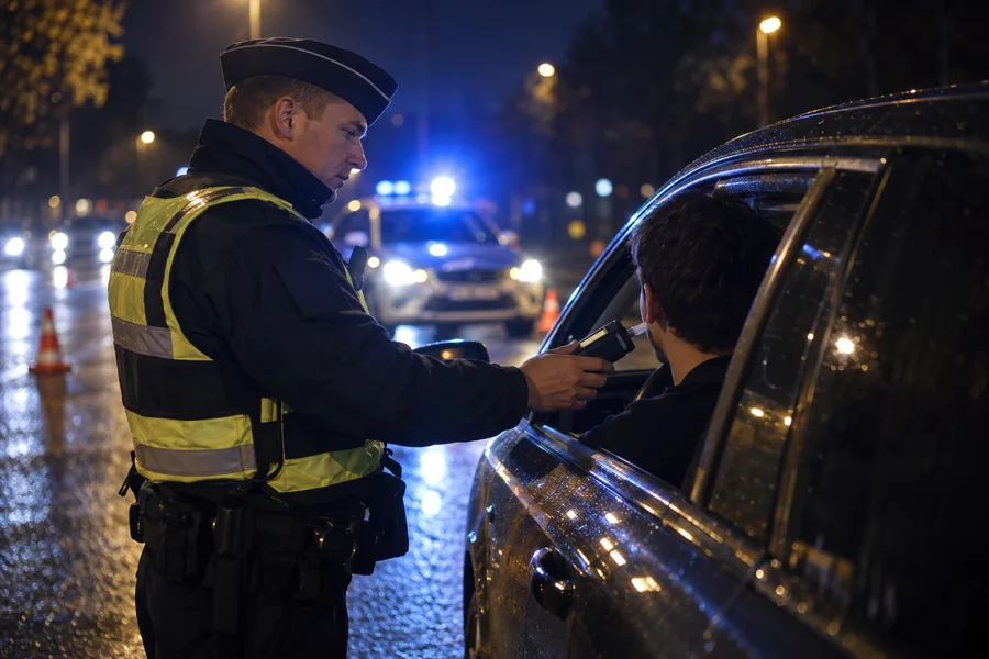 De nuit, un agent tend un éthylotest à un jeune conducteur resté dans sa voiture, vitre ouverte