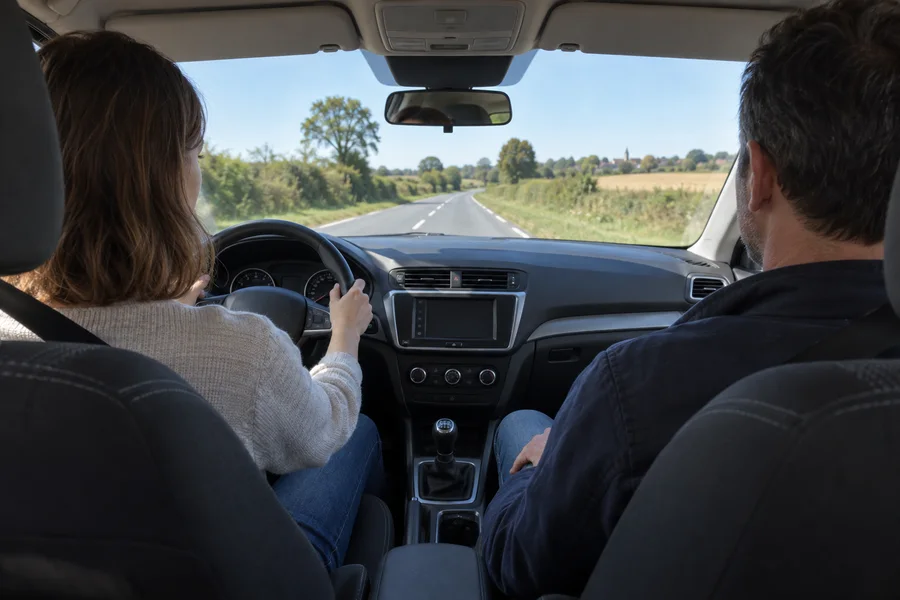Une jeune conductrice au volant, avec à côté d’elle son accompagnateur qui surveille la route