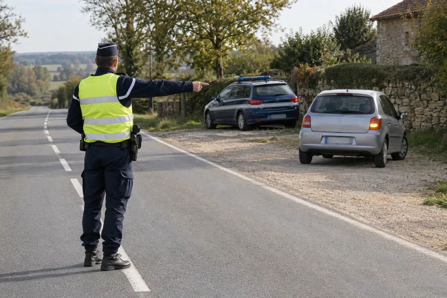 Un gendarme en uniforme et gilet jaune, vu de dos, tend le bras vers une aire de dégagement où une voiture s’est rangée, derrière laquelle est garée une voiture de gendarmerie.