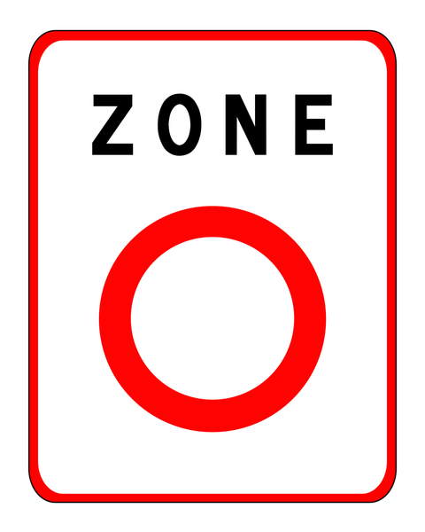 Panneau d’entrée de zone de circulation restreinte : rectangle blanc bordé de rouge, mot ZONE et cercle rouge